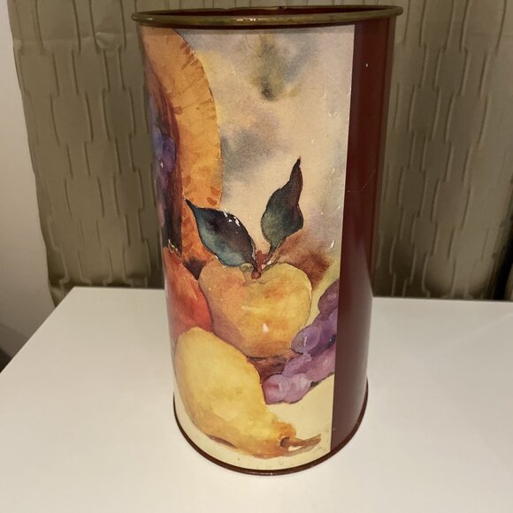 Vintage Fruit Pattern Trash Waste Can Painted Metal Shabby Chic Retro Artsy - Picture 3 of 11